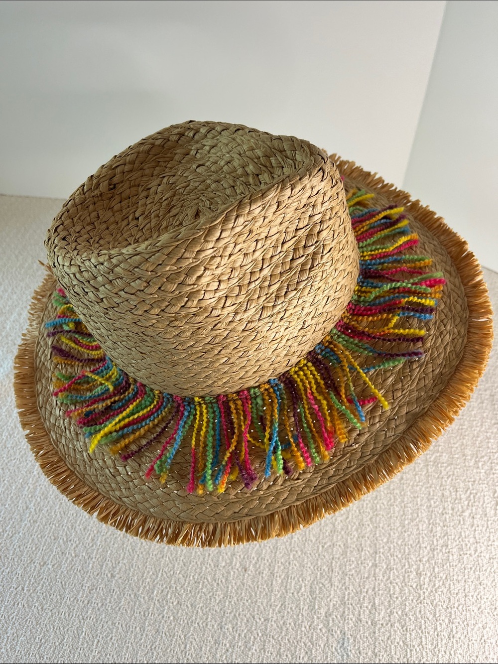 Rainbow fringe Natural Straw fun! Sun Hat unisex. No size tag. See measurements.